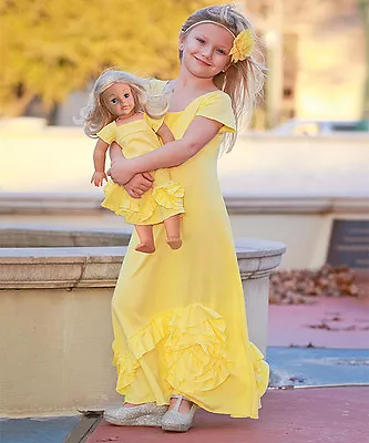 NWT 4EverPrincess USA Girls Maxi Dress Matching 18  Doll Dress SET Custard Ava  • $14.98