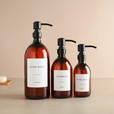£7.99 • Buy Amber Plastic Labelled Bottle With Matte Black Dispenser Pump For Soap/Shampoo