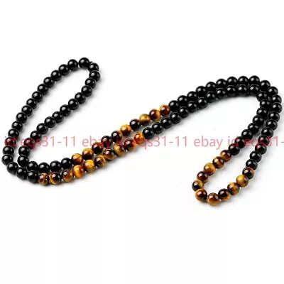 Mens Beads Necklace 8mm Black Agate Tiger Eye Stone Healing Chakra Necklace 33'' • $7.19