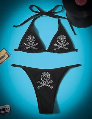 2 PC Piece Sexy Stringy Gothic Skeleton Bone Skull Head Bikini Swimsuit Swimwear • £28.92