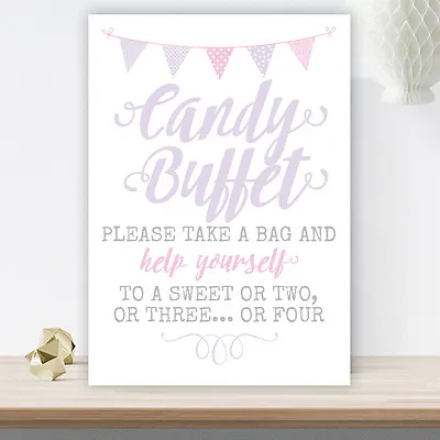 Lilac & Pink Bunting Candy Buffet Table Sign For Pretty Wedding Party (LIB4) • £4.40