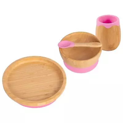 4pc Tiny Dining Pink Round Bamboo Baby Feeding Set Weaning Plate Bowl Spoon • £24