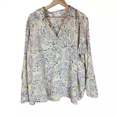 J.JILL Yellow Blue Paisley Popover Print Collared Roll Tab Button Down Top SZ 3X • $28