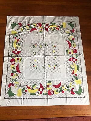 Vintage MCM Kitschy Retro Kitchen Tablecloth Fruit Food Cotton 49x42 Red Yellow • $18.99