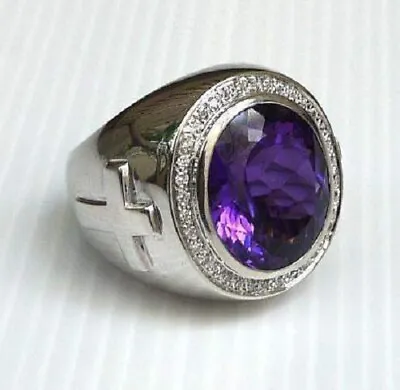 $350 • Buy Huge 13.01CT Amethyst & Clear Stones Christian Sterling Silver Large Bishop Ring