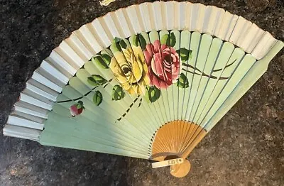 Light Green Vintage One Sided Hand Painted ROSES Bamboo Folding Hand Fan • $11.99