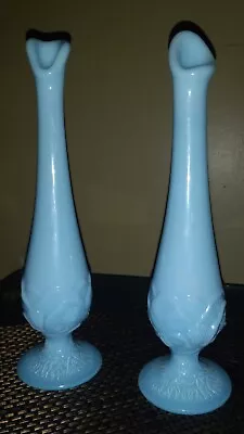 Vintage Fenton Blue Satin Milk Glass Pedestal Swung Bud Vases Set Of 2 WV Glass • $40