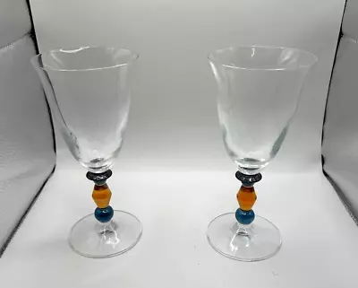 Mikasa Estate Clear Amber Wine Glass Goblet Amber & Blue Stem Set Of 2 • $29.99