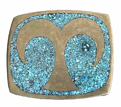 Vintage Solid Brass Buckle Aries Inlaid Turquoise Stone Fits 2” Belt • $39.99