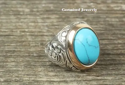 9 Ct Round Cut Simulated Turquoise Weeding Ring 925 Silver Gold Plated • $102.84