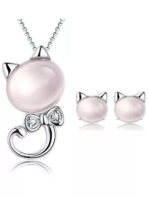 Moonstone Cat Pendant Necklace Stud Earrings 925 Sterling Silver Women Jewellery • £3.49