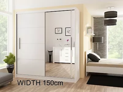 Modern Bedroom Sliding Door Wardrobe With Mirror DAKO VESTO White 4 Sizes • £369.99