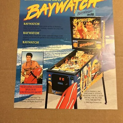 Originsl 1995 Ad 11- 8 3/8'' Baywatch Sega  Pinball  ARCADE GAME FLYER • $5.49