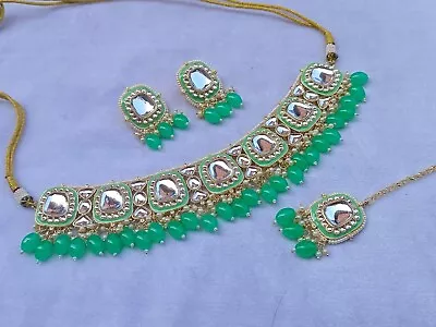 Indian Bollywood Kundan Beaded Chokers Necklaces Set For Women's- Green • $52.25