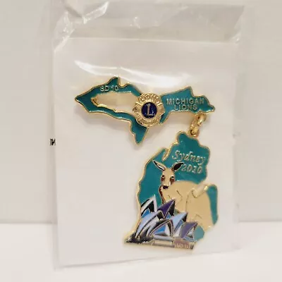 Vtg Michigan Lions Club Sydney 2010 State Map Brooch Pin Kangaroo Green • $6.29