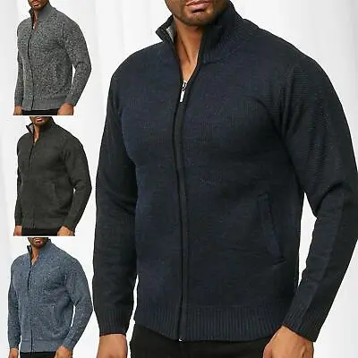 Mens Zip Up Cardigan Winter Funnel Collar Thick Fleece Lined Knitted Jumper Top • £19.99