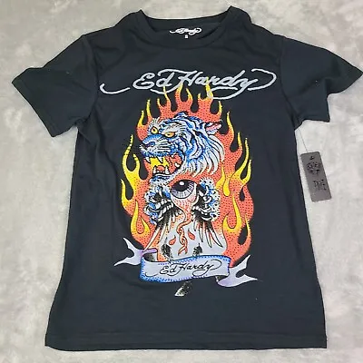 Ed Hardy Rhinestone Fire Tiger Tee Black T-Shirt Men S $85 Size Small • $38