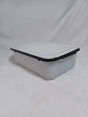 Vintage Rectangular Enamelware White Blue Refrigerator Box Pan Container + Lid • $15