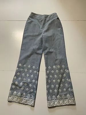 Vintage 70s Chambray Eyelet Embroidered Bell Bottom Wide Leg High Waist Pants  • $15
