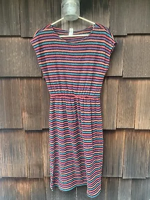 Vintage Terry Cloth Muted Rainbow Striped Dress 80s USA Union Made Small • $30