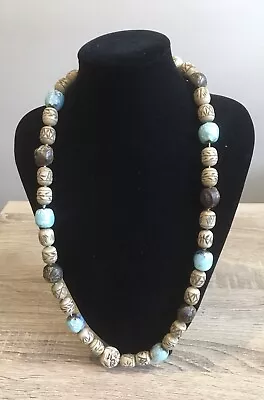 Vintage Chunky Art Deco Foiled Glass Bakelite  Celluloid Bead Necklace Turquoise • $45