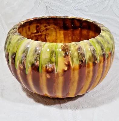 VTG FRANK MORENO CERAMICS USA LARGE RIBBED ARTICHOKE DRIP GLAZE PLANTER 10  X 6  • $50