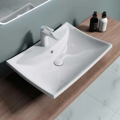 Modern Bathroom Wash Basin Sink Ceramic Countertop Wall Hung Rectangle 605x430mm • £63.80