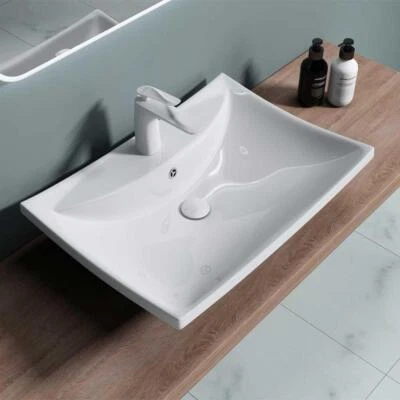 Modern Bathroom Wash Basin Sink Ceramic Countertop Wall Hung Rectangle 605x430mm • £63.80