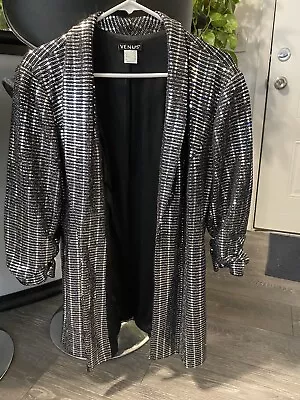 Venus Blazer Embellished Sequin Metallic Open Jacket Silver Gray Bling Sz 14 • $9.99