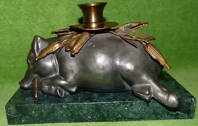 Vtg Rare Pewter Sleeping Pig W/Brass Candle Holder Marble Base Petites Choses? • $50