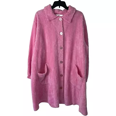 Stan Herman Vintage Womens Robe Size XL Pink Chenille Pockets Button Down New • $75.23