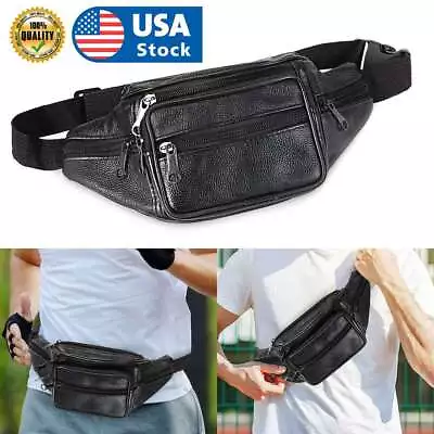 Mens Black Leather Fanny Pack Large Multi Zippered Waist Bag Design Hip Purse • $8.99