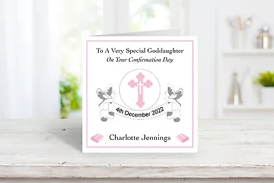 Personalised Girl's CONFIRMATION  Handmade Keepsake Card - Pink Cross & Doves • £3.95