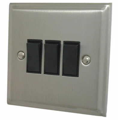 G&H DSN3B Deco Plate Satin Nickel 3 Gang 1 Or 2 Way Rocker Light Switch • £19.95