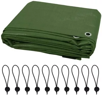 18 Sizes Of Heavy Duty Green Tarpaulin Waterproof Cover Sheet + 10 Bungee Balls • £8.88