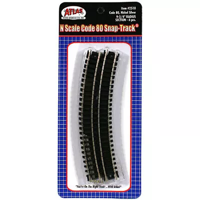 Atlas 2510 N-Scale Code-80 9-3/4  Radius Curve Snap-Track (6) Nickel Silver • $5.58