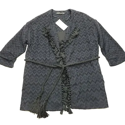Zara Jacquard Jacket Woman Large Black Blue Fringe Tie Oversized Coat Bohemian • $88