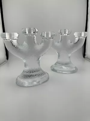 Pair Of Beautiful MID CENTURY Vintage ICY Glass TRIPLE Candleholder Nybro SWEDEN • $47.55