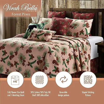 FOREST PINES 3 Pc Full/Queen QUILT SET LODGE CABIN BROWN PINE TREE CONE WREATH • $59.99
