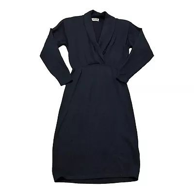 St. John Long Sleeve Dress Womens 4 Black Santana Knit Wool Rayon V Neck Pleated • £94.96