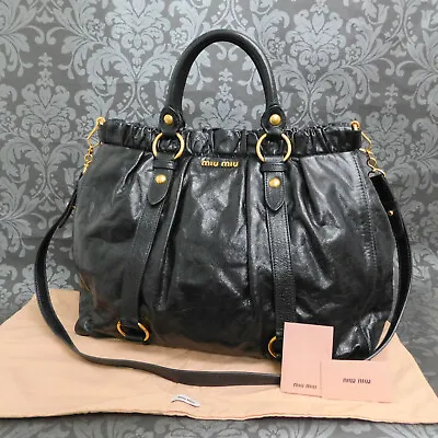 $298 • Buy MIU MIU Calf Leather Vitello Lux Gathered Black 2Way Shoulder Bag #10 Rise-on