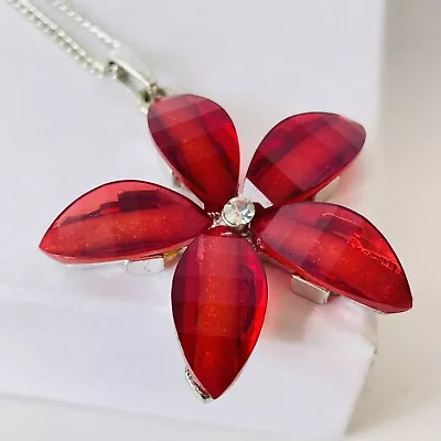 Pre Loved Necklace Pendant Red Flower Diamanté  Jewellery Statement Necklace • $16.10