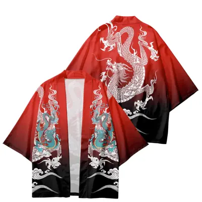 Men Kimono Cardigan Jacket Coat Japanese Yukata Haori Chinse Dragon Gradient • £20.39