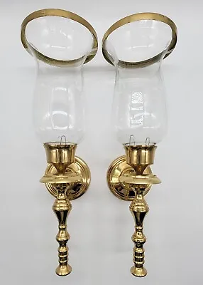 Vintage Pair Solid Brass Glass Hurricane Wall Sconce Candle Holders 15  • $95
