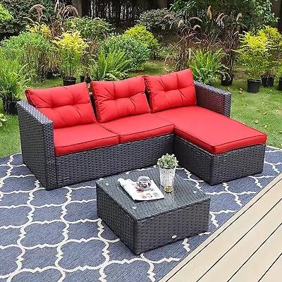 3 Pieces Outdoor Patio Furniture Sets Sectional Sofa Rattan Chair Wicker Set Red • $319.99
