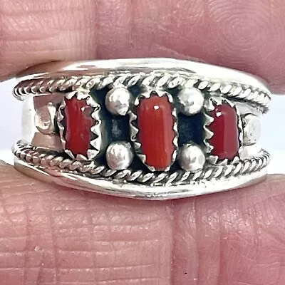 Red Coral Mens Band Ring Sz 13 Navajo 13mm Three Stone Native Rope Sterling • $74.94