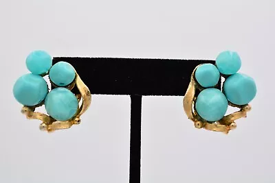 Vintage Clip Earrings Faux Turquoise Brushed Gold Cluster Chunky 1980s Bin7 • $21.56