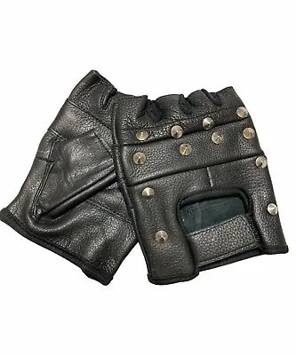 Genuine-Leather-Black-Leather-Fingerless-Mens-Studded-Gloves New • $14.99