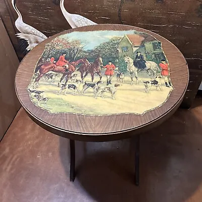 Vintage Walnut Folding Table By Bridge Tables&NoveltiesLowell Mass W/Hunt Scene • $490