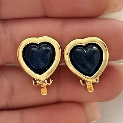 1980s Blue Cabouchon Glass Gold Plated Love Heart Clip On Statement Earrings • £15